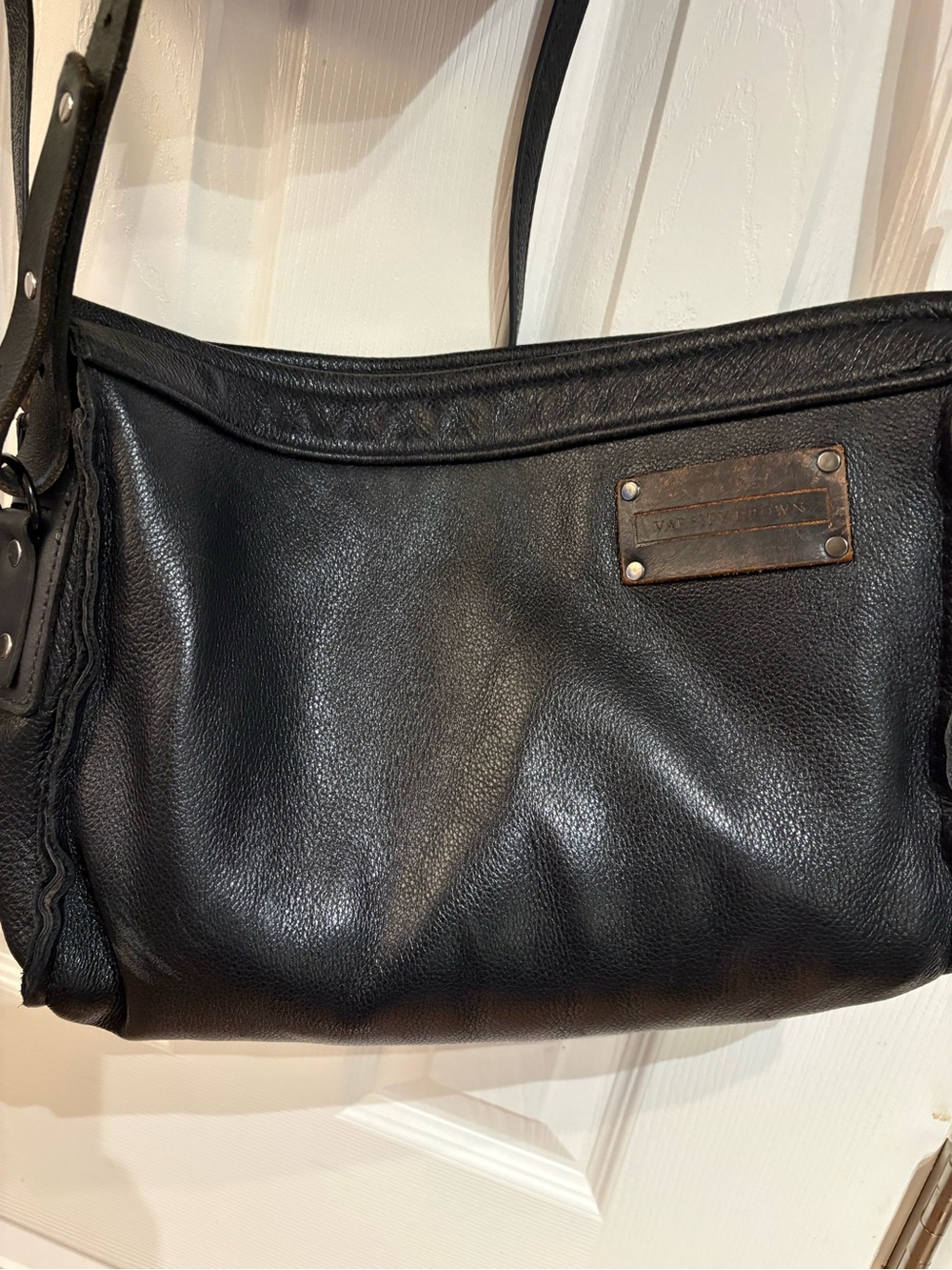 Black Leather Crossbody Bag with leather Nameplate